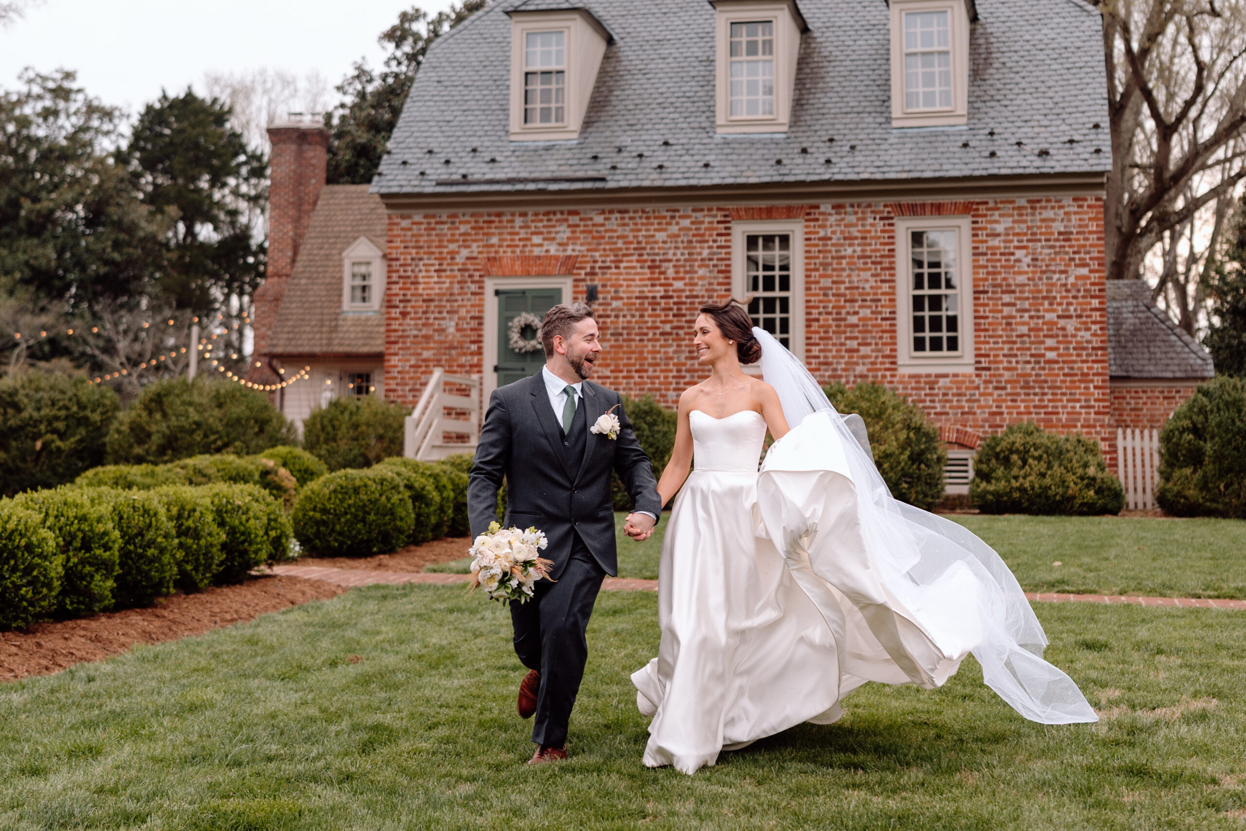 Bride and Groom Running laughing
