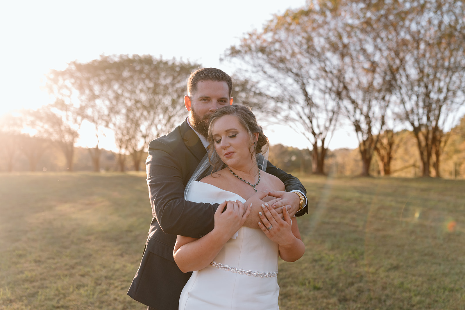 Bride and Groom Wedding Portrait in sunset in NC